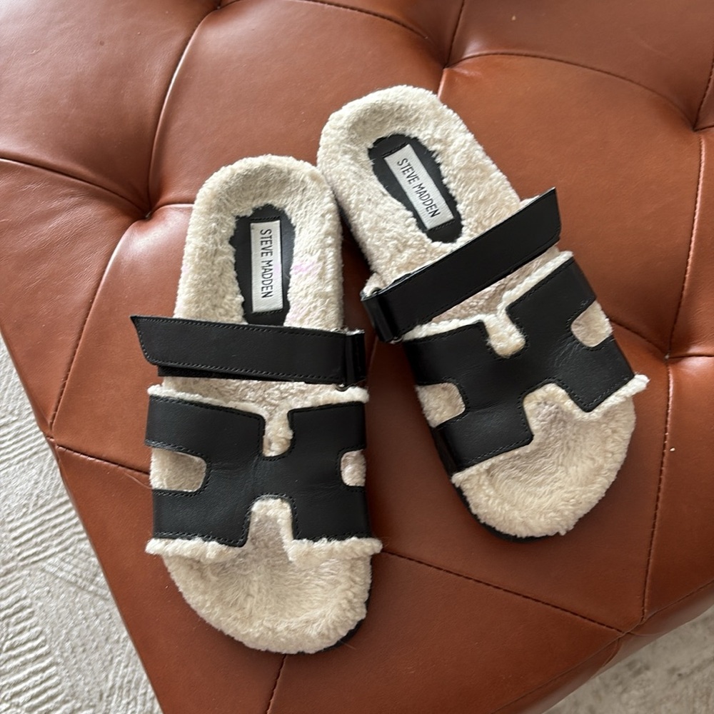 Black and White Fuzzy Sandals